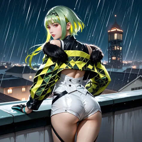score_9, Ringo, short hair with long locks, red eyes, big ass, jacket, multicolored hair, green hair, shorts, gloves, hairband, waist showing, body marking, back, sexy pose, sexy expression, roof of a modern factory, night, raining, realistic, high quality...