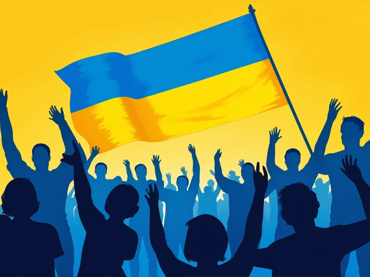 (Blue and Gold exclusive:1.5)
(solid color1.2 ), Ukraine flag and silhouette of a crowd,(the silhouette is blue color :1.5),歓喜