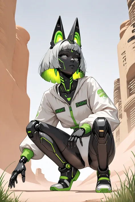 ((full body)) ((Low angle)) ((squatting)) Neon jackal, cyberpunk style, robot jackal, bright grey eyes, future fashion, white clothes. bottom: Neon green grass, bottom desert neón. 
