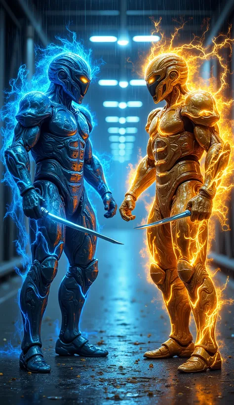 *"Two armored warriors clash on a neon bridge, wearing a armor Warrior, worone’s suit pulses with electric blue plasma veins, the other radiates liquid gold from articulated joints. Wearing armor Warrior, Their weapons leave afterimages—blue katanas agains...