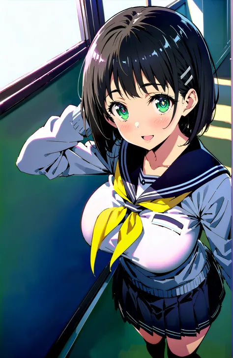 score_9, score_8_up, score_7_up, source_anime, Kirigaya Naoha , short hair, black hair, hair ornament, hair clip, green eyes,smile,blush,and open the mouth,Big Breasts,
school uniform, skirt for ears, pleated skirt for ears, sailor collar, black skirt for ...
