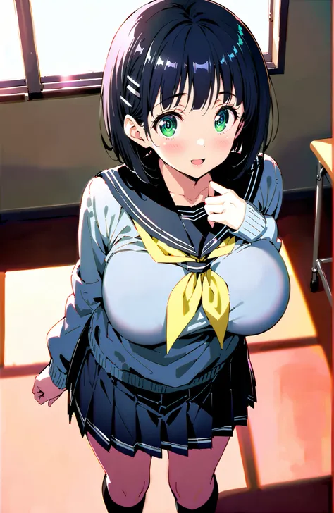 score_9, score_8_up, score_7_up, source_anime, Kirigaya Naoha , short hair, black hair, hair ornament, hair clip, green eyes,smile,blush,and open the mouth,Big Breasts,
school uniform, skirt for ears, pleated skirt for ears, sailor collar, black skirt for ...