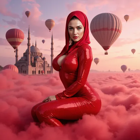 Megan Denise Fox is in an enchanting fantasy world, immersed in intense shades of red. A large hot air balloon floats in the sky, accompanied by five smaller ones in the background. On the left side, a majestic mosque, inspired by Eastern architecture with...