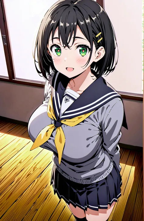 score_9, score_8_up, score_7_up, source_anime, Kirigaya Naoha , short hair, black hair, hair ornament, hair clip, green eyes,smile,blush,and open the mouth,Big Breasts,
school uniform, skirt for ears, pleated skirt for ears, sailor collar, black skirt for ...
