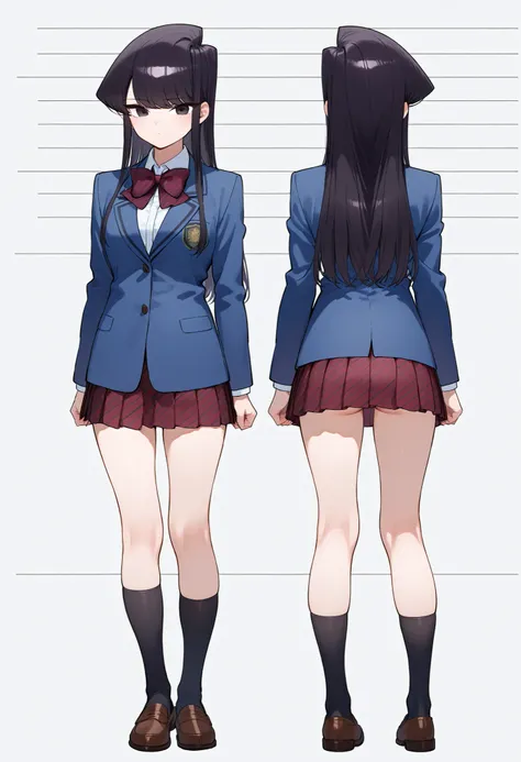 score_9, score_8_up, score_7_up,source_anime, best quality, uncensored,BREAK, 1girl, solo, komi_shouko, black eyes, black hair, long hair, full body,BREAK,school uniform, red bowtie, jacket, blazer, long sleeves, striped, pleated skirt, red skirt,BREAK,mu...