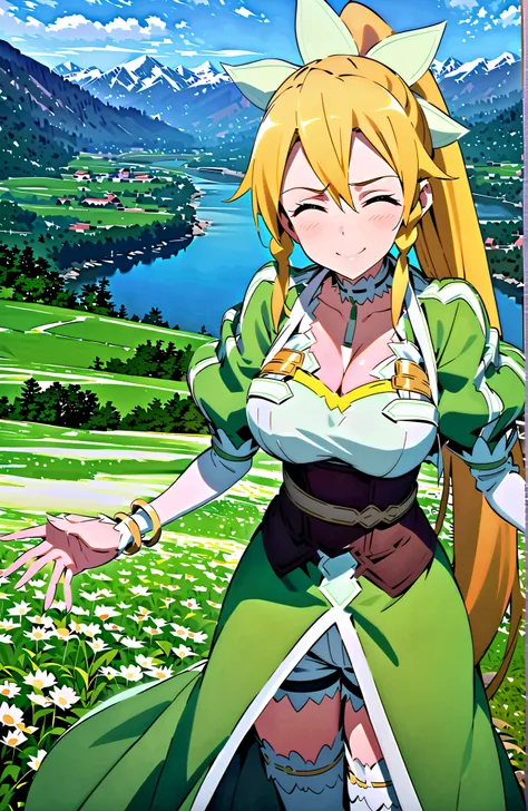  Kirigaya Naoha , leafa（SAO）,close your eyes,  Gold, very long hair, bungs, ponytail, Side Braid, hair between eyebrows, hair ornament, bracelet,  jewelry, choker,smile,blush,grinning, Big Breasts,cleavage,bracelet, puff sleeve, green dress, white shorts, ...