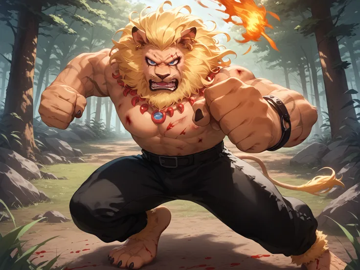 score_9, score_8_up, score_7_up, score_6_up, 1 Boy, Alone, front, Lion, necklace, fight, punch a man, Furry ankles, black nails, black paw, Black Pants, necklace, Bodybuilding, (visible bruises), cut on the abdomen, blood, Thick, Strong, Keep your chest up...
