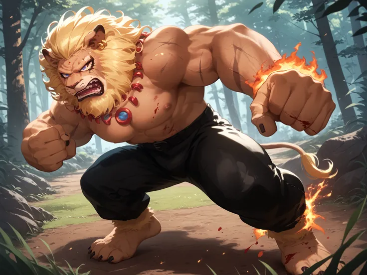 score_9, score_8_up, score_7_up, score_6_up, 1 Boy, Alone, front, Lion, necklace, fight, punch a man, Furry ankles, black nails, black paw, Black Pants, necklace, Bodybuilding, (visible bruises), cut on the abdomen, blood, Thick, Strong, Keep your chest up...