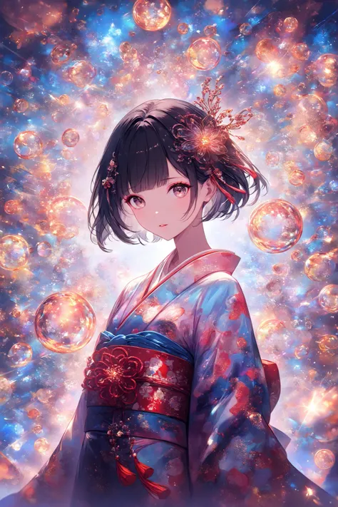 (masterpiece:1.2),(Max Video Quality),(best quality),( Breathtaking Artwork ),(Ridiculously Absurd:1.2),kaleidoscopic,Woman in kimono、black hair、short hair、hair ornament、Mysterious and breathtaking work、 twinkle、beautiful