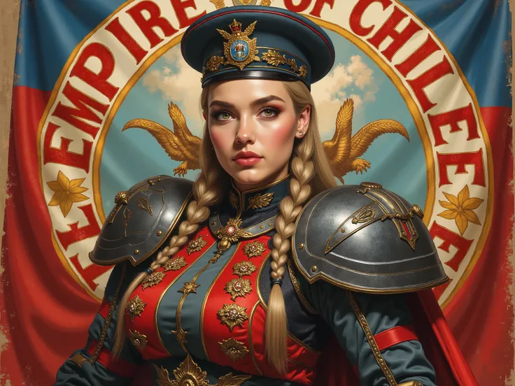 Detailed multi-colored proportions and textures with airbrushed brushstrokes presenting a semi-realistic illustration A beautiful and strong young woman wearing an epic fantasy gothic armor style military uniform where grayish black tones predominate, mixe...