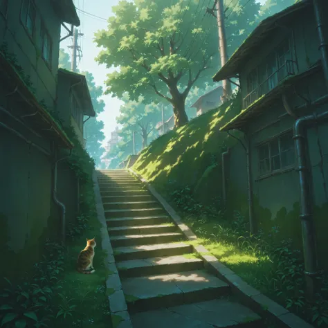 masterpiece, best quality, good quality, PEAnimeBG, Background, anime, scenery, safe, building, day, grass, industrial pipe, moss, outdoors, path, power lines, stairs, tree, cat
