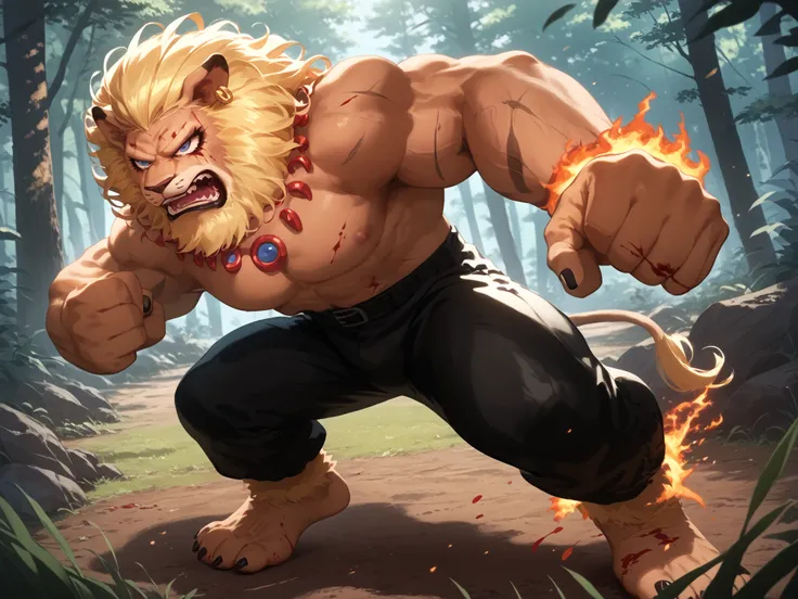 score_9, score_8_up, score_7_up, score_6_up, 1 Boy, Alone, front, Lion, necklace, fight, punch a man, Furry ankles, black nails, black paw, Black Pants, necklace, Bodybuilding, (visible bruises), cut on the abdomen, blood, Thick, Strong, Keep your chest up...