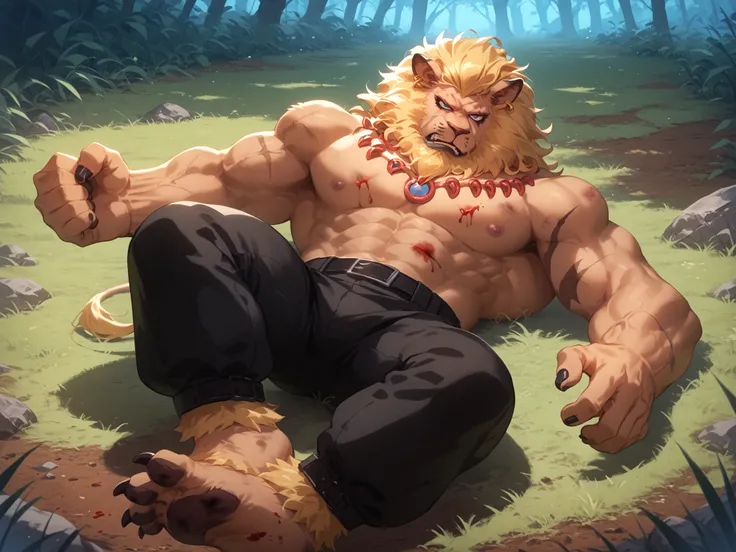 score_9, score_8_up, score_7_up, score_6_up, 1 Boy, Alone, front, Lion, necklace, fight,  Furry ankles, black nails, black paw, Black Pants, necklace, Bodybuilding, (visible bruises), cut on the abdomen, blood, Thick, Strong, Keep your chest up,  forest ba...