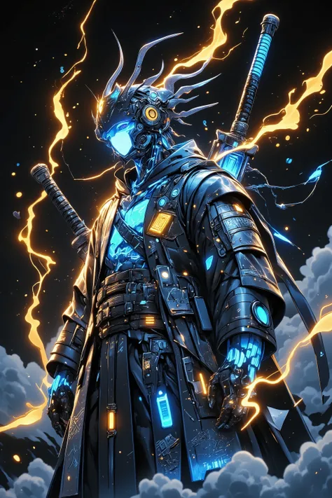 anime style illustration, sci-fi tech wear fused with a kimono , and a devil wearing a sword and helmet , the mouth is sewn with some kind of thread , helmet warrior , mobility , Apply neon blue lighting effects from behind ,, Gadget Details ,De...