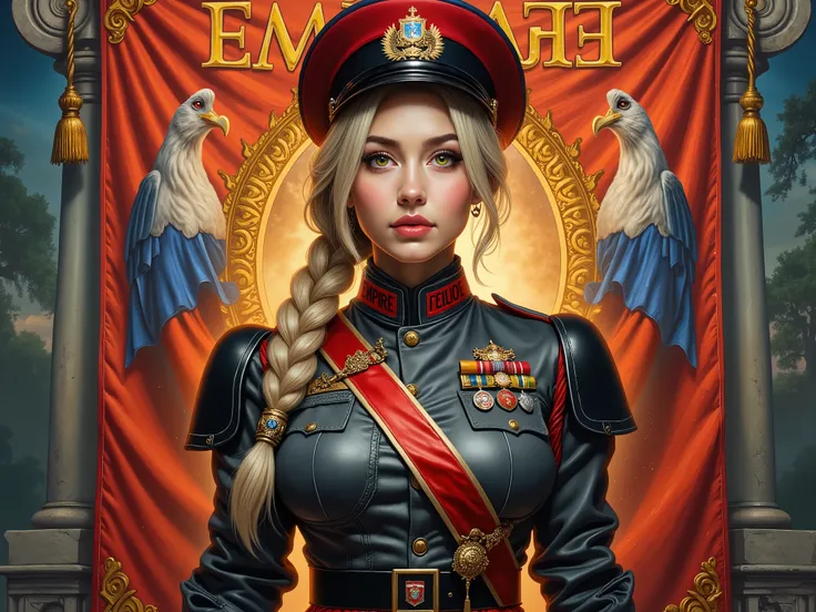 Detailed multi-colored proportions and textures with airbrushed brushstrokes presenting a semi-realistic illustration A beautiful and strong young woman wearing an epic fantasy gothic armor style military uniform where grayish black tones predominate, mixe...