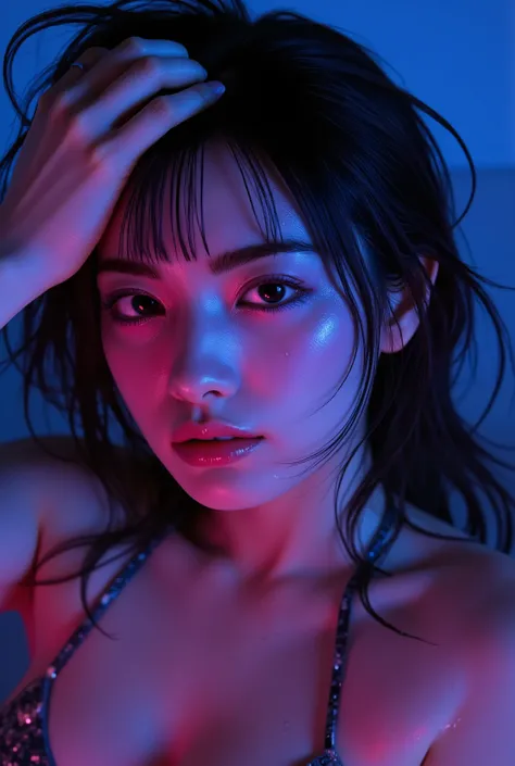Best quality, masterpiece, ultra high res, (photorealistic:1.4), raw photo, 1girl, wet hair, wet body, water drop on the skin, directed by shane mcmellen, in the style of neon-lit pop art, photo taken with ektachrome, distorted portraiture, surreal sculptu...