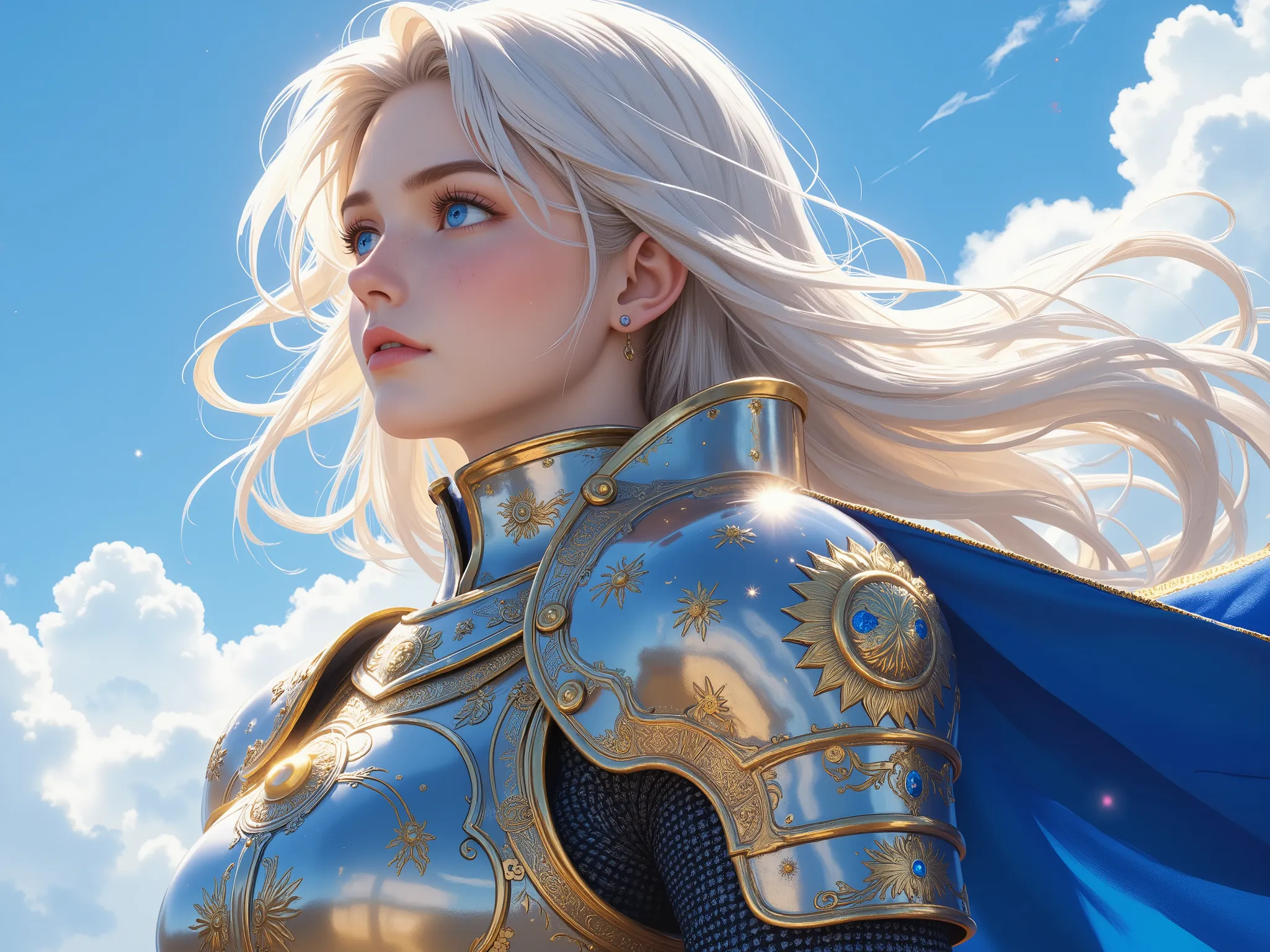 Masterpiece, ultra-detailed digital painting of a heroic female knight (age:25-30), Caucasian, in profile view gazing into the distance with a determined yet serene expression (expression:1.4). She wears ornate plate armor with:
Gold opulence: intricate f...