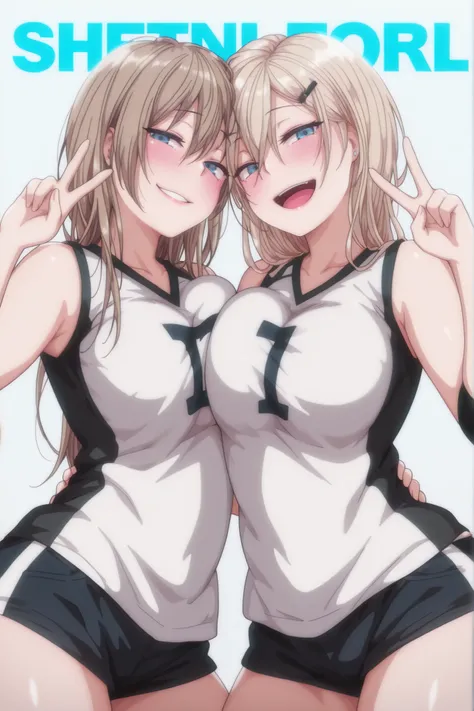 masterpiece, best quality, amazing quality, 2 girls, kurashiki reigns, long hair, blue eyes, blonde hair,  smile, narrowed eyes, parted lips, looking at viewer, naughty face, chisa, alone, chisa_IlXL,Brown Hair,  seductive body, sensual, bare belly, volley...