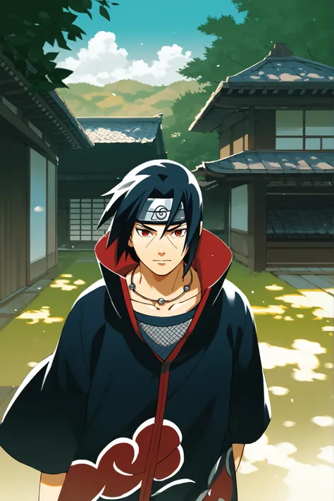 1man, Itachi Uchiha, stoic expression, japanese village background, dappled sunlight, masterpiece, absurdres, ultra-detailed