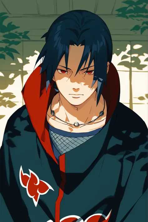 1man, Itachi Uchiha, stoic expression, japanese village background, dappled sunlight, masterpiece, absurdres, ultra-detailed