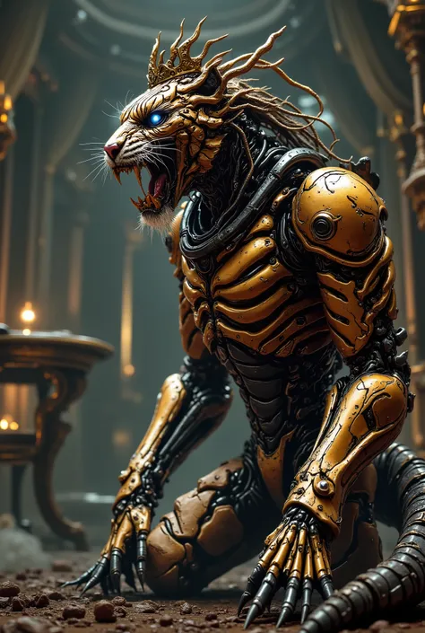 🐯 fierce tiger, majestic beast, roaring predator, golden eyes, sharp fangs, powerful claws, muscular body, prowling in nature 🤑 wealthy prince, luxurious crown, opulent jewels, lavish attire, regal pose, imperial authority ☕ elegant cafe, cozy interior, wo...