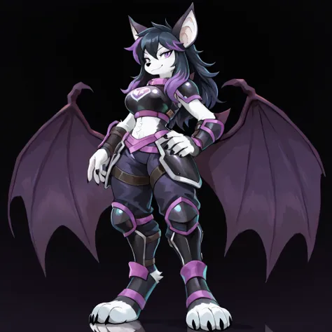 masterpiece, best quality, anime style, anime shading, full body picture, buxom body type, centered, three-quarters view, by plive,1girl, anthro, furry female, fox female, white fox, (bat ears:1.5), purple eyes, ((long black hair with purple highlights:1.2...