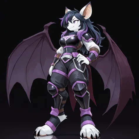 masterpiece, best quality, anime style, anime shading, full body picture, buxom body type, centered, three-quarters view, by plive,1girl, anthro, furry female, fox female, white fox, (bat ears:1.5), purple eyes, ((long black hair with purple highlights:1.2...