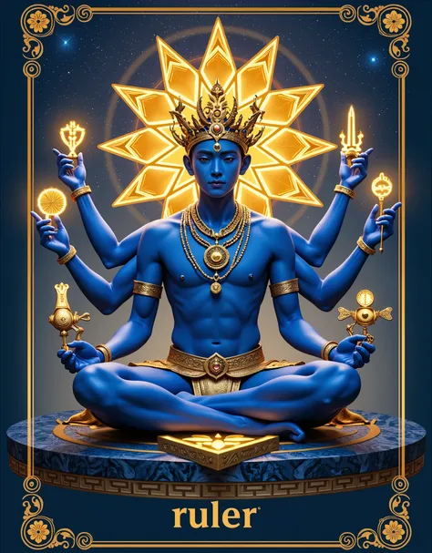 masterpiece, Realistic, best quality, Ultra High Resolution, Blue and Gold Duet, Playing Cards, In the middle of the card is an Asian male deity sitting in meditation, young, Handsome, Dark Blue Skin, [Six arms each holding a golden glowing spell: Rattles...