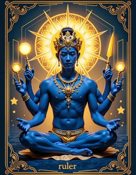 masterpiece, Realistic, best quality, Ultra High Resolution, Blue and Gold Duet, Playing Cards, In the middle of the card is an Asian male deity sitting in meditation, young, Handsome, Dark Blue Skin, [Six arms each holding a golden glowing spell: Rattles...