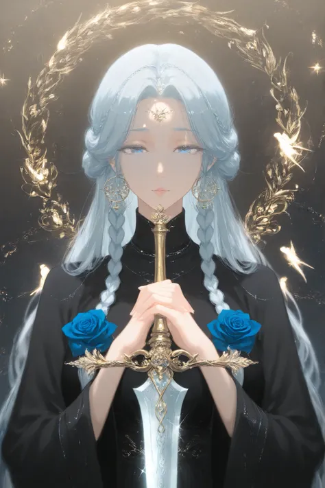 Create an anime-style female character with long, flowing silver hair styled in braids. The character has large, expressive blue eyes and a gentle but sad expression. She wears a black outfit with a high collar and a blue rose pinned at the center. She hol...