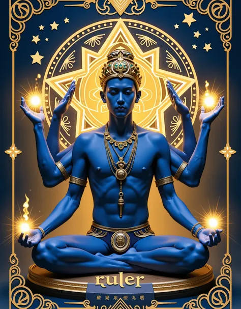 masterpiece, Realistic, best quality, Ultra High Resolution, Blue and Gold Duet, Playing Cards, In the middle of the card is an Asian male deity sitting in meditation, young, Handsome, Dark Blue Skin, [Six arms each holding a golden glowing spell: Rattles...