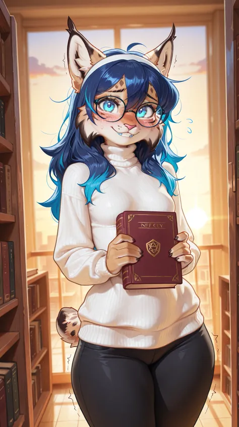 masterpiece, best quality, amazing quality, very aesthetic, high resolution, ultra-detailed, absurdres, newest, scenery, 1girl, lynx, furry female, blue eyes, blue hair (cyan highlights), messy hair, long hair, (19-year-old girl), closed mouth, looking at ...