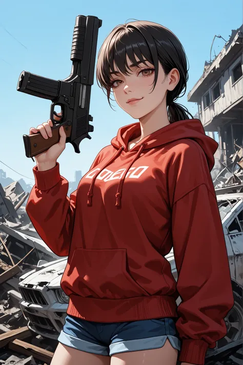 obra-prima, Best Quality,  cowboy tie ,  Sozinho, 1 menina, Mitaka Asa, long hair, low ponytail, brown eyes, look seductive, mocked smile, suor, portrait looking at the viewer,  standing,  holding gun , firearm, hand up, red sweatshirt, hood down, cord, lo...