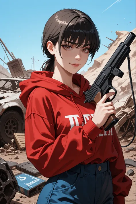 obra-prima, Best Quality,  cowboy tie ,  Sozinho, 1 menina, Mitaka Asa, long hair, low ponytail, brown eyes, look seductive, mocked smile, suor, portrait looking at the viewer,  standing,  holding gun , firearm, hand up, red sweatshirt, hood down, cord, lo...