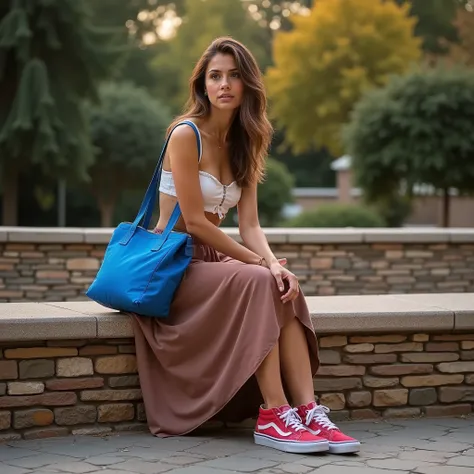 a beautiful Italian woman sitting on a low bench, wearing a long skirt and ((Vans® sneakers))), holding a blue thermo bag, Simple bag, flat and straight bag, sacola azul, medium thermal bag, nylon thermal bag, medium thermo bag, Simple bag, realistic photo...
