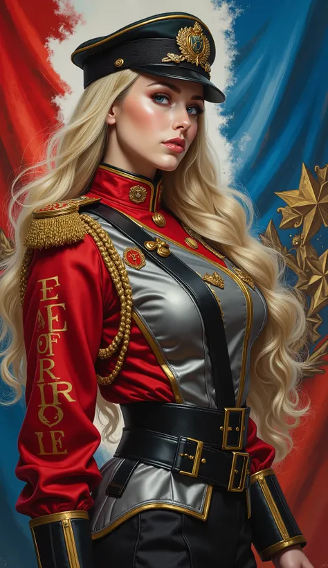 Detailed multi-colored proportions and textures with airbrushed brushstrokes presenting a semi-realistic illustration A beautiful and strong young woman wearing an epic fantasy gothic armor style military uniform where grayish black tones predominate, mixe...