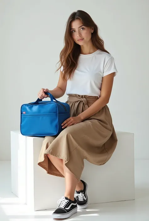 a beautiful Italian woman sitting on a white block, wearing a long skirt and ((Vans® sneakers))), holding a blue thermo bag, Simple bag, flat and straight bag, sacola azul, medium thermal bag, nylon thermal bag, medium thermo bag, Simple bag, realistic pho...