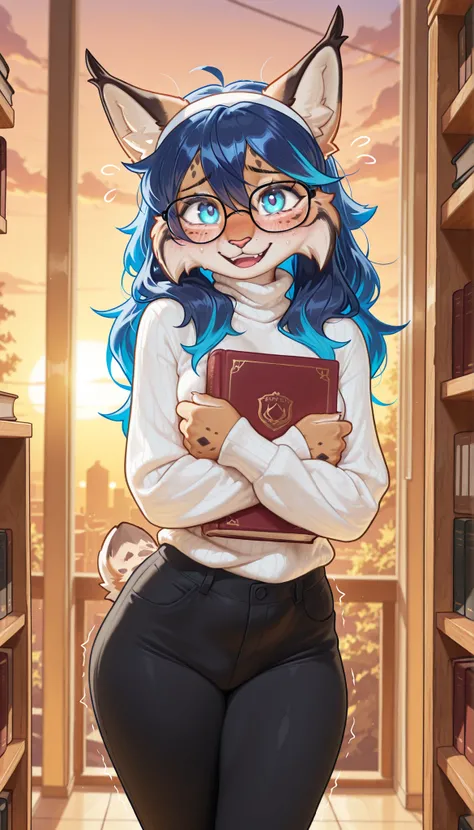 masterpiece, best quality, amazing quality, very aesthetic, high resolution, ultra-detailed, absurdres, newest, scenery, 1girl, lynx, furry female, blue eyes, blue hair (cyan highlights), messy hair, long hair, (19-year-old girl), open mouth, looking at th...