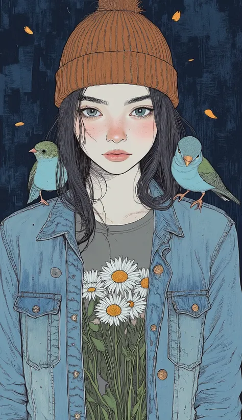 with a brown knit beanie and、I'm wearing a blue denim jacket with buttons and a shirring collar. I have 2 blue-green birds perched on my shoulders, adding a whimsical touch to the artwork. I have a white daisy flower on my chest、green stems and leaves, on ...