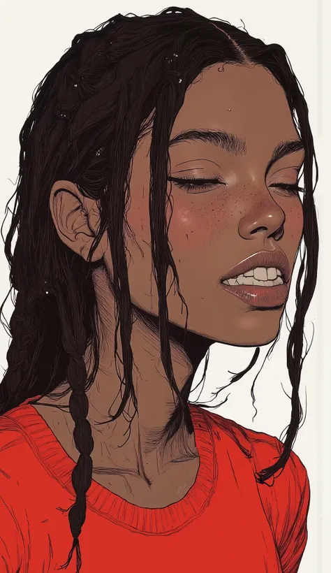 teeth、wearing a red stadium jumper、eyes closed、depicting an African girl with braided black hair、 freckles、Minimalistic painting by Nara Yoshitomo, Tumbler, それteeth何ですか?, Nara Yoshitomo, shinsui ito, sui ishida, kaoru mori, Yaoi Kasuma , Kurumada Masami, ...