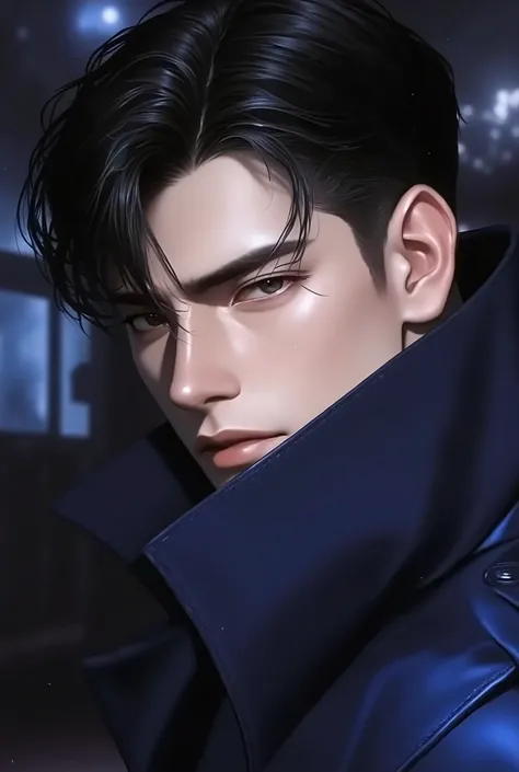 ((RAW Photo), absurd, (absurdresolution)), masterpiece, best quality, (Extremely detailed 8k unity CG wallpaper), (best illustration), (best shadow), Realistic lighting, A semi-realistic anime-style man with a calm and composed expression. Age 27. He has s...
