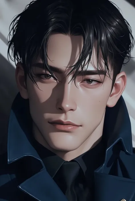 ((RAW Photo), absurd, (absurdresolution)), masterpiece, best quality, (Extremely detailed 8k unity CG wallpaper), (best illustration), (best shadow), Realistic lighting, A semi-realistic anime-style man with a calm and composed expression. Age 27. He has s...