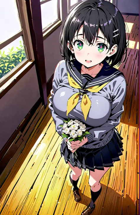 score_9, score_8_up, score_7_up, source_anime, Kirigaya Naoha , short hair, black hair, hair ornament, hair clip, green eyes,smile,blush,and open the mouth,Big Breasts,
school uniform, skirt for ears, pleated skirt for ears, sailor collar, black skirt for ...