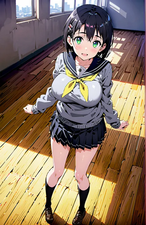 score_9, score_8_up, score_7_up, source_anime, Kirigaya Naoha , short hair, black hair, hair ornament, hair clip, green eyes,smile,blush,and open the mouth,Big Breasts,
school uniform, skirt for ears, pleated skirt for ears, sailor collar, black skirt for ...