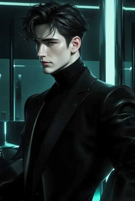 A full-body, ultra-realistic, hyper-detailed European male android, looking at the viewer. Futuristic elegance, a synthetic yet lifelike figure with an athletic, lean build. His flawless, fair synthetic skin mimics human texture with near-invisible seams a...