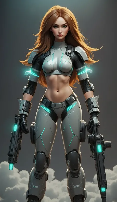 full body highly detailed ultra realistic 3d model for a game of a female mobile soldier with long dark hair, with full body mecha armor, light grey metallic with glowing teal accents from neck to thick soled boots, but head and face uncovered except for a...