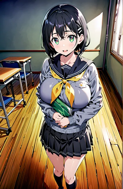 score_9, score_8_up, score_7_up, source_anime, Kirigaya Naoha , short hair, black hair, hair ornament, hair clip, green eyes,smile,blush,and open the mouth,Big Breasts,
school uniform, skirt for ears, pleated skirt for ears, sailor collar, black skirt for ...