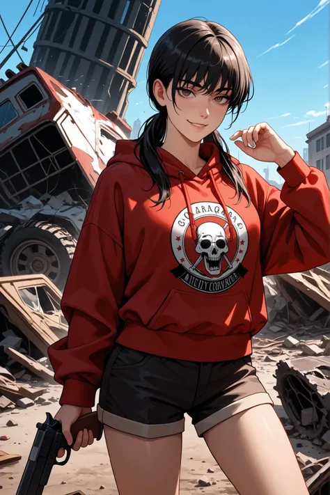 obra-prima, Best Quality, photo the cowboy, sozinho, 1 garota, Mitaka Asa, long hair, Low ponytails, brown eyes, look seductive, ironic smile, suor, portrait looking at the viewer, standing,  holding gun , firearm, hand up,  red sweatshirt, hood down, cord...