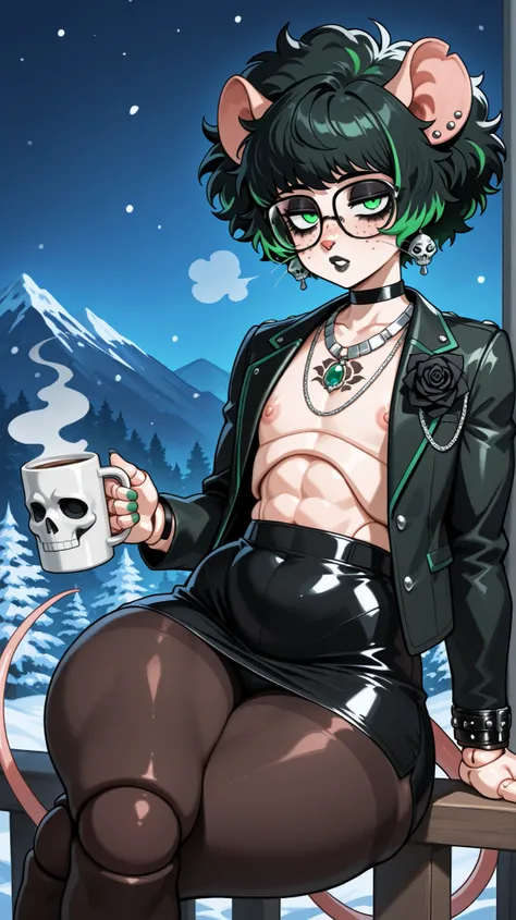 (Tall Twink), (six foot Tall height), (black curly afro with green highlights), (Green streaks in hair), (green eyes), (glowing iris), (black choker), (black leather bracelets), (Viking jewelry), (Black Rose Tattoo on right shoulder), (Silver necklace with...