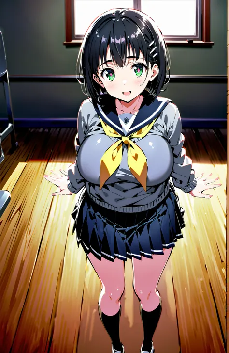 score_9, score_8_up, score_7_up, source_anime, Kirigaya Naoha , short hair, black hair, hair ornament, hair clip, green eyes,smile,blush,and open the mouth,Big Breasts,
school uniform, skirt for ears, pleated skirt for ears, sailor collar, black skirt for ...